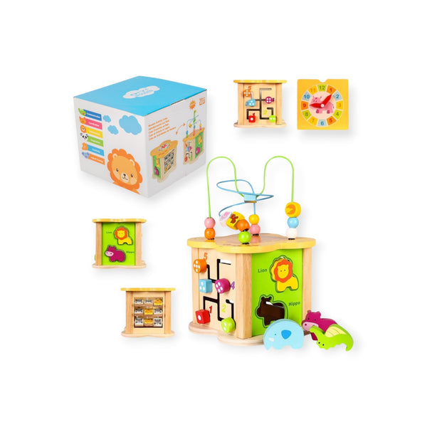 Juniper Montessori Wooden Activity Cube with Sensory Clock by Montessori Petals, Montessori toy for ages 18 months+
