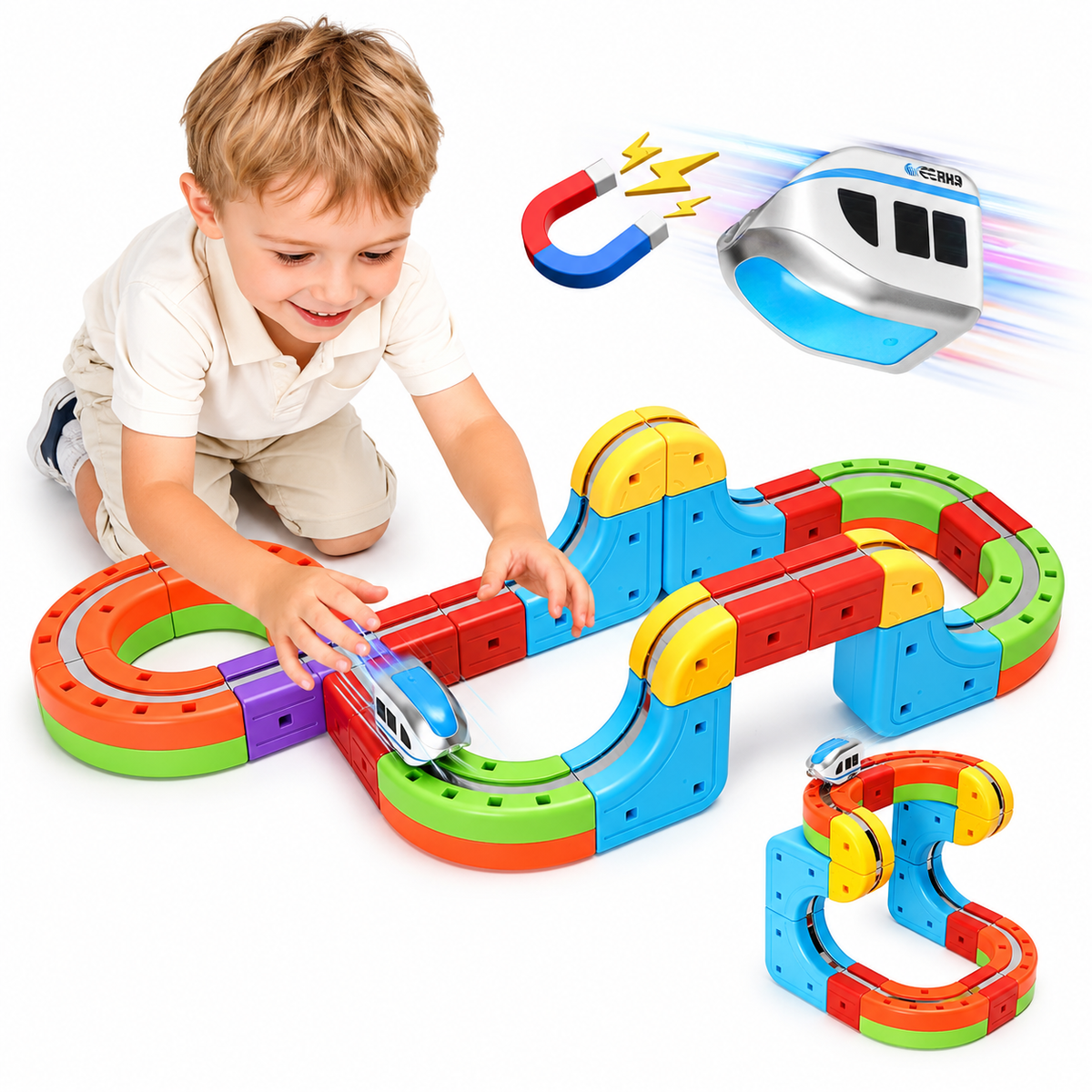 Ember Montessori Train Track Building Set with Rechargeable Engine by Montessori Petals, Montessori toy for ages 3+ years