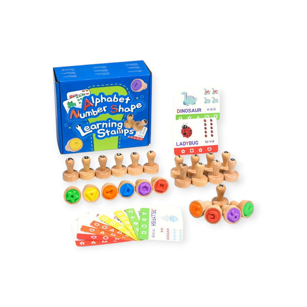 Lily Montessori Wooden Stamp Set, 36 Letters, Numbers and Shapes by Montessori Petals, Montessori toy for ages 3+ years