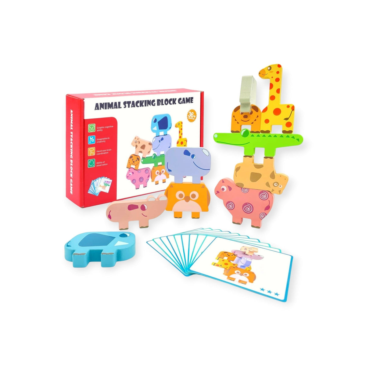 Ibex Montessori Wooden Animal Stacking Blocks with Pattern Cards by Montessori Petals, Montessori toy for ages 3+ years