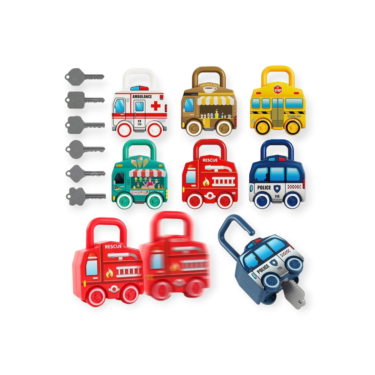 Vireo Montessori Lock and Key Matching Cars Set of 6 Vehicles by Montessori Petals, Montessori toy for ages 18 months+