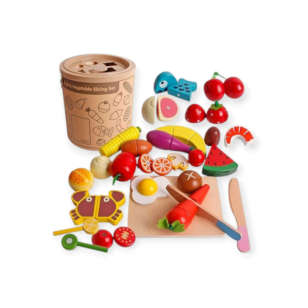 Orchard Montessori Wooden Cutting Food Set with Apron and Board by Montessori Petals, Montessori toy for ages 3+ years