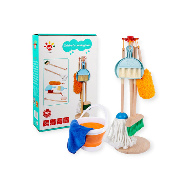 Hearth Montessori Child-Size Cleaning Set in Beech Wood with Stand by Montessori Petals, Montessori toy for ages 3+ years