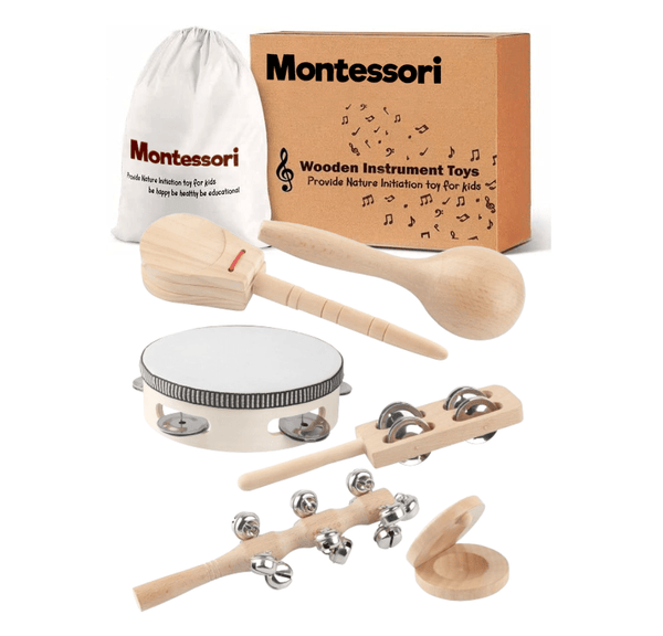 Birdsong Montessori Wooden Percussion Set, 6 Hand Instruments by Montessori Petals, Montessori toy for ages 3+ years