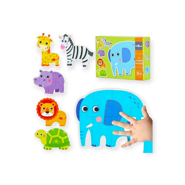 Fable Montessori Wooden Puzzle Box, Six Self-Checking Safari Animals by Montessori Petals, Montessori toy for ages 3+ years