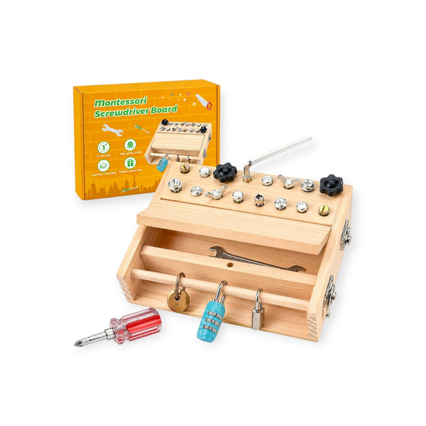 Elm Montessori Wooden Screwdriver Board with Locks, Keys and Tools by Montessori Petals, Montessori toy for ages 3+ years