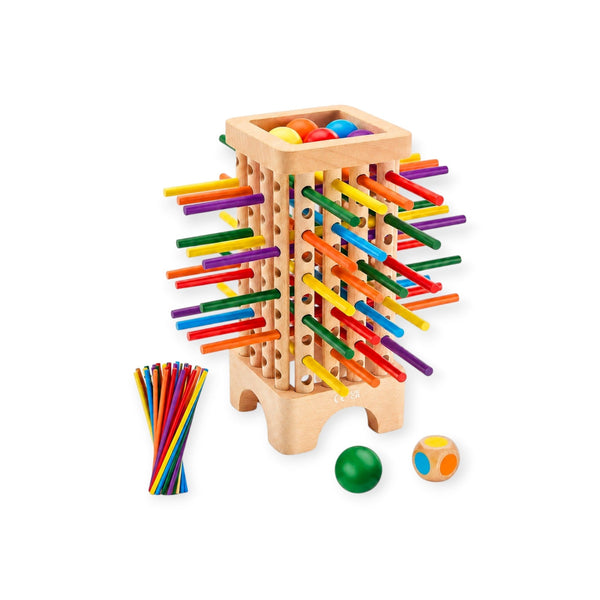 Hickory Montessori Wooden Stick Tower Game with Dice and Balls by Montessori Petals, Montessori toy for ages 3+ years