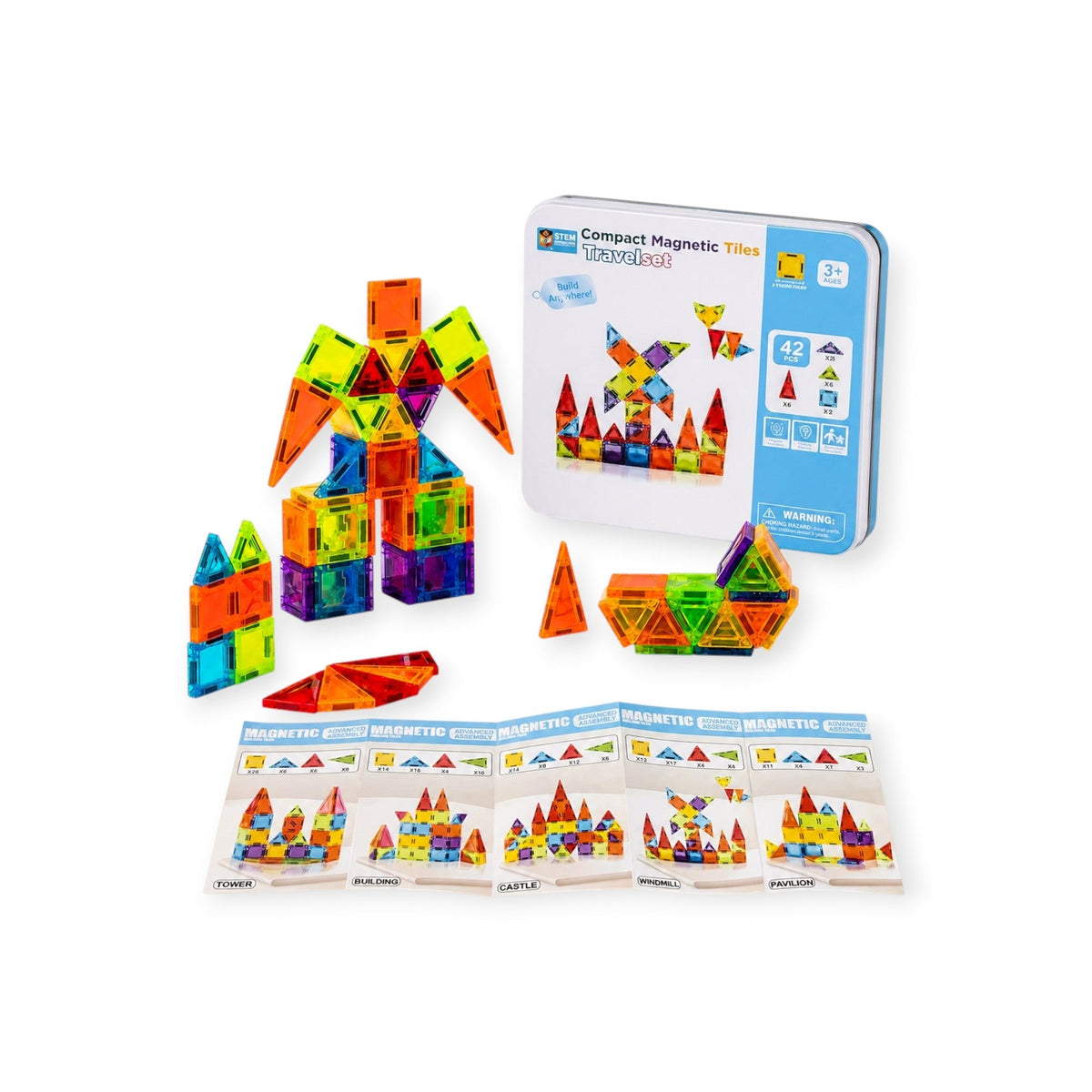 Canopy Montessori Magnetic Tiles Travel Tin, 42 Mini Pieces by Montessori Petals, Montessori toy for ages 3+ years