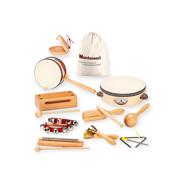 Alder Montessori Music Set of 10 Natural Wooden Instruments by Montessori Petals, Montessori toy for ages 3+ years