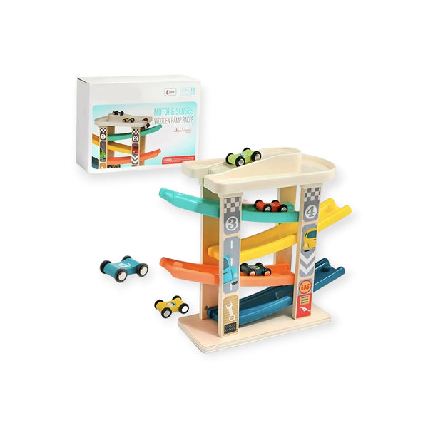 Hollow Montessori Car Ramp Race Track with 5 Wooden Cars by Montessori Petals, Montessori toy for ages 3+ years